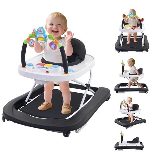 Foldable Baby Walker with Wheels, 3 Height Settings, 4-in-1 Activity Center for 6-18 Months with Tray, Music & Removable Footrest