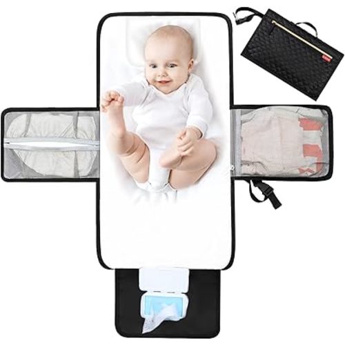 Lekebobor Portable Baby Changing Pad, Foldable Waterproof Diaper Changing Pad for Travel Baby Change Mat with Wipe-Pocket and Head Cushion, Quilting Black