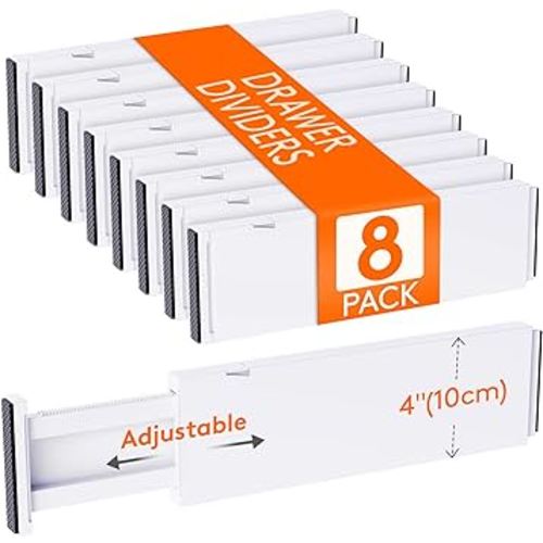 Lifewit 8 Pack 4" High Drawer Dividers 34-56cm/13.5-22" Adjustable Drawer Organizer for Clothes/Utensils, Expandable Drawer Separator in Dresser/Kitchen/Bedroom/Office Organization & Storage White