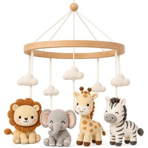 Juju Safari Crib Mobile Wood Hoop Nursery Mobile – Soft Felt Lion Elephant Giraffe and Zebra – Safari Animal Nursery Decor with Cream Ribbons and Felt Clouds – Neutral Wood Nursery Accent