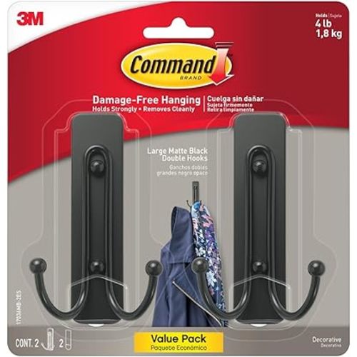 Command Large Matte Black Double Hooks, 2 Hooks and 2 Strips, Damage Free Hanging Wall Hooks with Adhesive Strips, No Tools Coat Hooks for Hanging Home Decor, Holds up to 4 lb