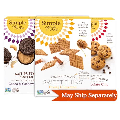 Simple Mills Sweet Thins Cookies Seed and Nut Flour Honey Cinnamon, Simple Mills Almond Flour Crunchy Cookies Chocolate Chip, and Simple Mills Cocoa Cashew Crème Sandwich Cookies (Pack of 3)