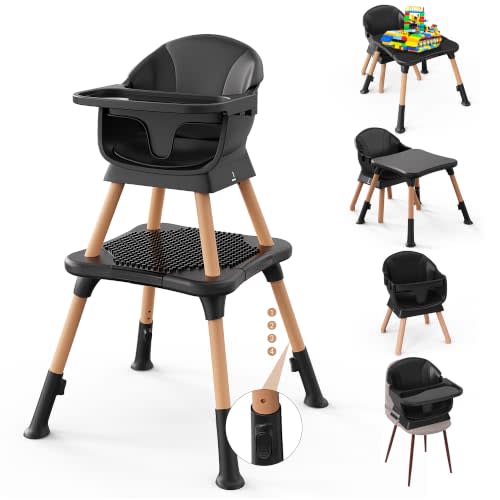 6 in 1 High Chair for Babies and Toddlers,Height Adjustable Baby Highchair | Convertible Table and Chair Set,Baby Feeding Chair with 5-Point Adjustable Harness,4 Position Removable Tray,Black