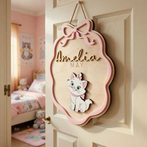 Disney Marie Aristocats Wooden Name Sign, Personalized Baby Girl Room Decor, Cute Cat Nursery Wall Sign, Custom Kids Door Hanger