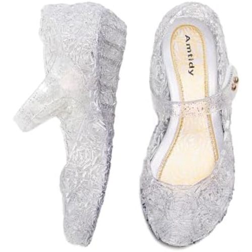 Amtidy Frozen Inspired Elsa Flats Mary Jane Dance Party Cosplay Shoes, Snow Queen Princess Birthday Sandals for Little Girls, Toddler