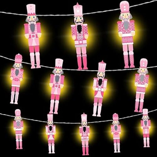 Ganeen Pink Nutcracker Christmas String Lights 20 LED 10 ft Cute Hanging String Lights for Christmas Tree Battery Operated Indoor Holiday for Xmas Party Decorations Outdoor Mantel Fireplace