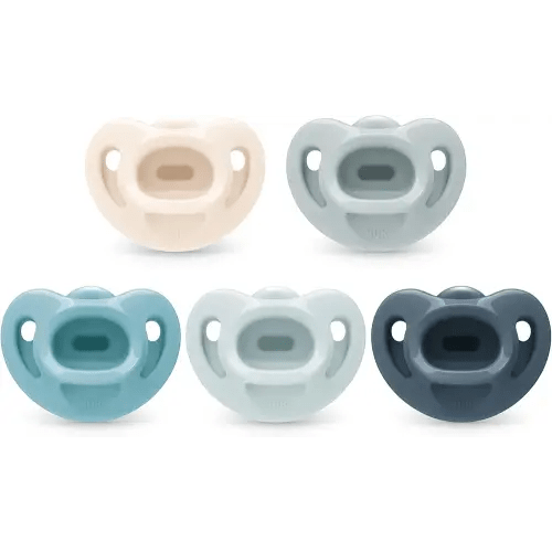 NUK 100% Silicone Comfy Orthodontic Pacifiers, 0-6 Months, Blue Fashion, Timeless Collection, 5 Count