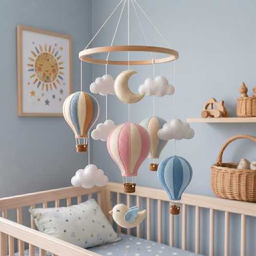 Hot Air Balloon Baby Mobile, Custom Pastel Nursery Decor, Felt Cloud Crib Mobile, Little Bird Moon Theme, Newborn Baby Shower Gift Birthday