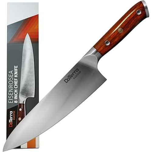 DaTerra Cucina - 8 Inch Chef Knife – German Steel Professional Kitchen Knife with Ergonomic Rosewood Handle, Sharp, Durable, Easy to Clean | Ideal for Chopping, Slicing & Dicing