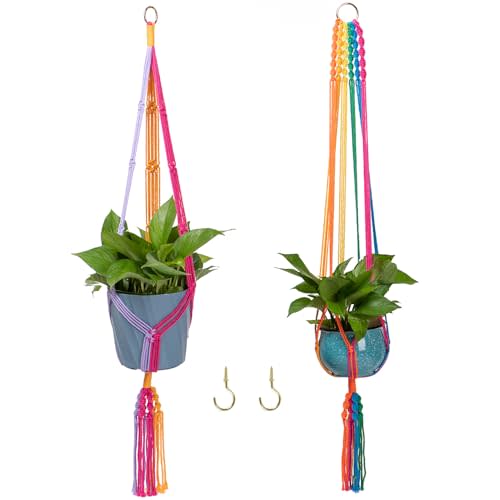 Rainbow Colorful Macrame Plant Hanger, 2 Pack | Hanging Plant Holder with 2 Hooks, Indoor Outdoor, Handmade Cotton Rope, Boho Room Decor