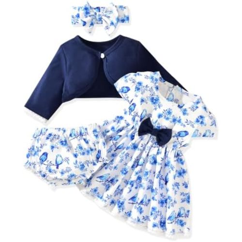 fioukiay Baby Girl Dress and Cardigan Set Infant Girl Bowknot Dresses Outfit Set Clothes with Diaper Cover Fall Winter