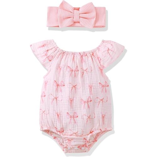 Renotemy Preemie Newborn Baby Girl Clothes Infant Cotton Linen Romper Summer Outfit for Girls Ruffle Sleeve Bodysuit Jumpsuit
