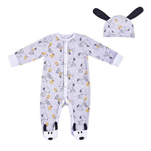 Peanuts Snoopy Boys Coverall Footed Romper and Hat Set for Newborn and Infants
