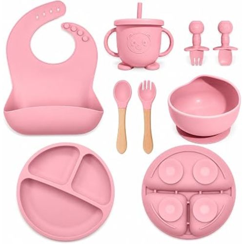 Silicone Baby Feeding Utensils Set for 6+ Months, 8 Pcs, Pink