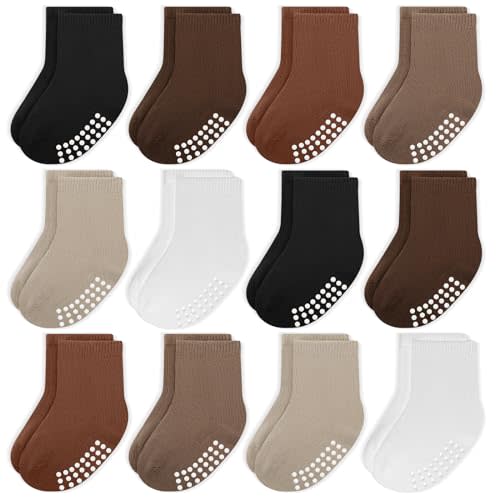 Baby Toddlers Crew Socks with Non-Slip Grip 12 Pack Cotton Stretch Socks | Soft Breathable Cotton, Non-Slip Sole Grips, for Hardwood/Tile Crawling, Walking, Daycare