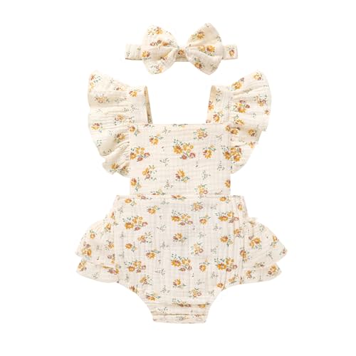 Happy Town Baby Girl Clothes Toddler Summer Linen Romper Sleeveless Ruffle Outfits Infant Girls Jumpsuit with Headband