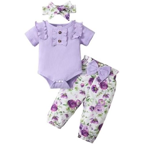 SUNNY PIGGY Baby Girl Clothes Infant Newborn Outfits Ruffle Short Sleeve Romper Tops Floral Pants Set With Headband
