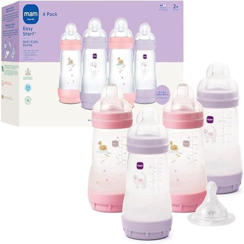 MAM 9oz Easy Start Anti-Colic+ Vented Baby Bottles, 2+ Months, 4 Pack, Girl