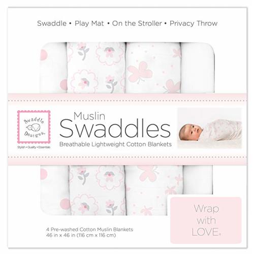 SwaddleDesigns Cotton Muslin Swaddle Blankets, Set of 4, Pastel Pink Butterflies and Posies - 4-pack Swaddle