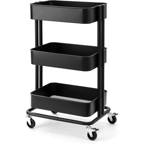 3 Tier Rolling Cart Metal Heavy Duty Utility Cart with Silent Caster Lockable Wheels Multi-Functional Organization Carts Storage Trolley with Mesh Shelves for Office Kitchen Living Room Black