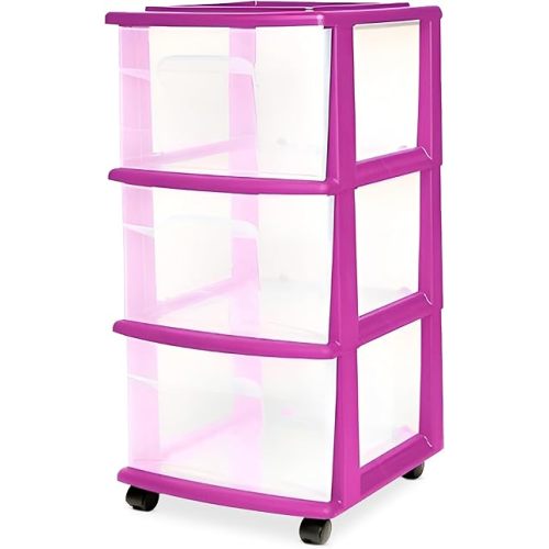 HOMZ 3-Drawer Storage Cart, Plastic Home and Office Organizer, Purple Frame