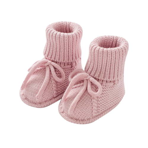 Xfvqtps Baby Booties Knitted Crochet Solid Color Lace up Bow Mid Tube Non Slip Soft Comfortable Warm Winter House Shoes Prewalker Hot Pink