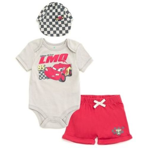 Disney Cars Lightning McQueen Infant Baby Boys Bodysuit, Shorts and Baseball Cap 3 Piece Outfit Set Red / Gray 24 Months