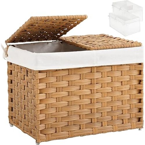 SETVSON Storage Basket with Lid Woven Wicker Baskets with 2 Separate Lid, 9.2 Gallon (35 L) Wicker Storage Bins with Handles, Foldable and 2 Removable Liner Bags for Bedroom, Laundry Room Natural
