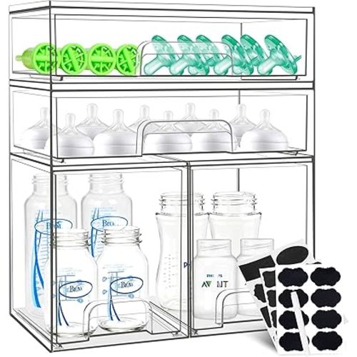 Baby Bottle Organizer, Stackable Storage Drawers with Labels, Clear Station Organizers Container for Pacifiers, Desk Organizer Bins for Bathroom, Cabinet, Pantry, Vanity, Countertop (4 Pack)