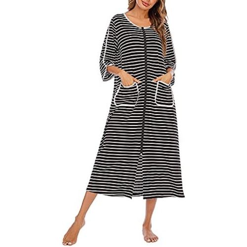 Womens Zipper Front House Dress Long Robes 3/4 Sleeves Striped Nightgowns Loungewear Bathrobes with Pockets