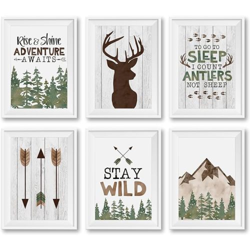 Hadley Designs 6 Woodland Nursery Wall Decor - Reversible Unframed Baby Boy Nursery Decor, Hunting Decors for Boys Room, Woodland Wall Decors, Mountain Hunting Prints for Kids, Made in USA
