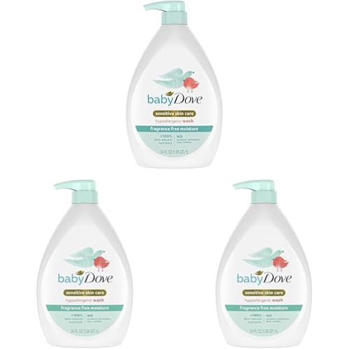 Baby Dove Sensitive Skin Care Baby Wash Fragrance Free Moisture For Baby Bath Time Fragrance Free and Hypoallergenic, Washes Away Bacteria 34 oz (Pack of 3)