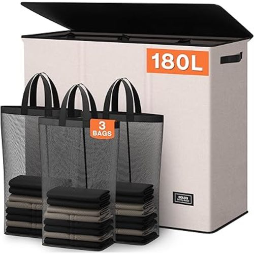 SOLEDI 180L 3-Section Laundry Hamper with Lid, Extra Large Dirty Clothes Basket with Sturdy Handles for Laundry Room & Bedroom - Durable Organizer for Sorting Laundry