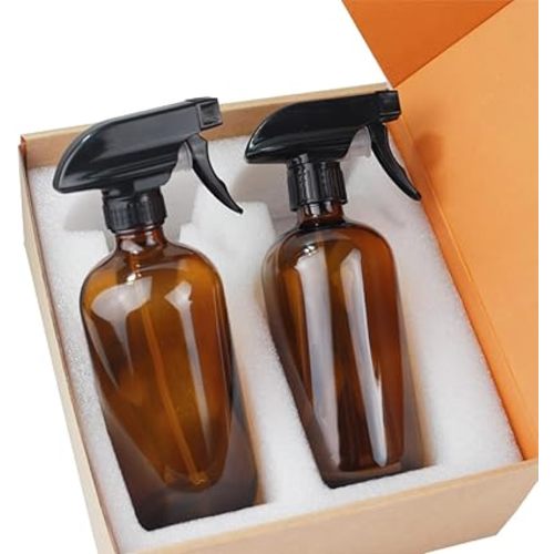 2Pack 16oz Amber Glass Spray Bottles with Cap Empty Refillable for Essential Oils, Cleaning or Aromatherapy-Fine Mist/Stream Setting