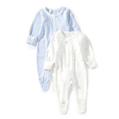 Purebaby Baby Long Sleeve Organic Cotton Zip Footie Growsuit Pack of 2