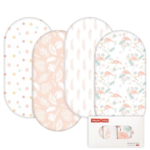 Gllquen Baby Bassinet Sheets 4 Pack, Breathable Cozy Fitted Mattress Sheet, Elastic Travel Crib Fashionable Pattern, Standard Cradle Safe Sheets for Baby Boys Girls 32"x16"(Flamingo Garden)