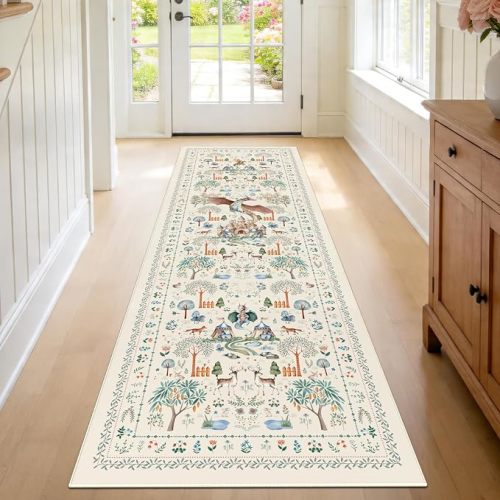 nesrt Washable Fantasy Dragon Runner Rugs for Hallway 2x6ft, Beige Animal Print Kitchen Rug Runners Non Slip, Woodland Floor Carpets for Kid Bedroom Bathroom Entry Decor