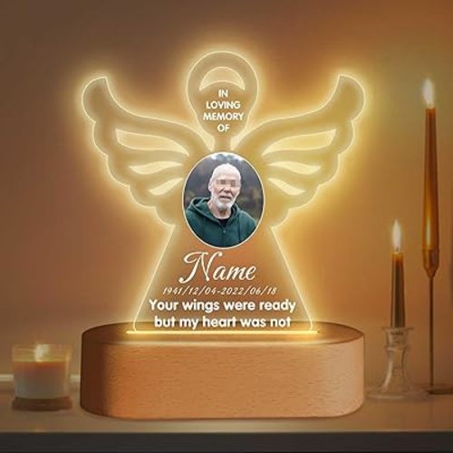 Personalized Memorial Gift Photo Night Light Customized Light Up Acrylic Plaque Lamp Sympathy Bereavement Remembrance Gift(Angel Wing)