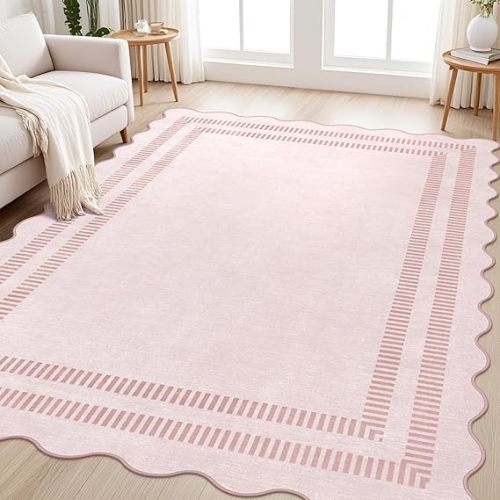 Washable 5x7 Area Rugs for Living Room, Solid Pink Non Slip Rugs for Bedroom Girls, Stain Resistant Scalloped Soft Carpet for Nursery Dorm Dining Room
