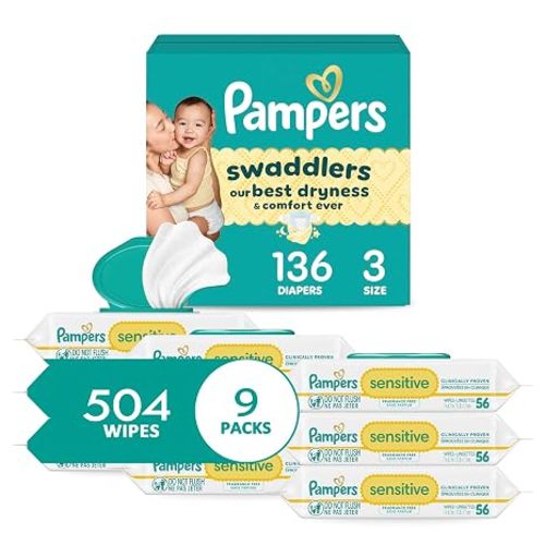 Pampers Swaddlers Diapers, Size 3 (13-26 lbs), 136 Count, Pampers Sensitive Baby Wipes, 504 Wipes Total (6X Flip-Top Packs) [Packaging May Vary]