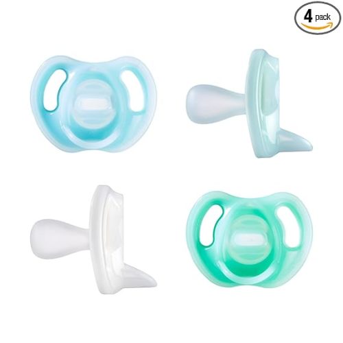 Tommee Tippee Ultra-Light Silicone Pacifier, 0-6 Months, Symmetrical One-Piece Design, BPA-Free Silicone Binkies, Blue/Green/Clear, Pack of 4