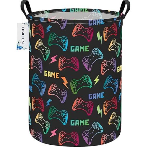 Round Game Controller Laundry Basket,Collapsible Laundry Hamper for Kids Boys,Waterproof Video Game Toy Storage Bin for Bedroom,Playroom, Boys Room,Gamer Gift (GAME)