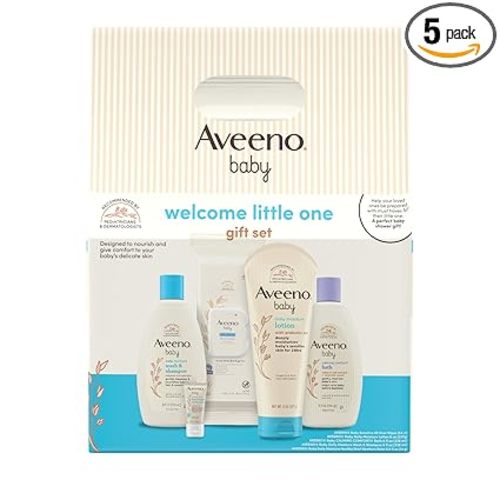 Aveeno Baby Welcome Little One Gift Set, Skincare Set with Nourishing Body Wash & Shampoo, Calming Bath Wash, All Over Wipes, Daily Moisturizing Lotion, & Balm, 5 Items