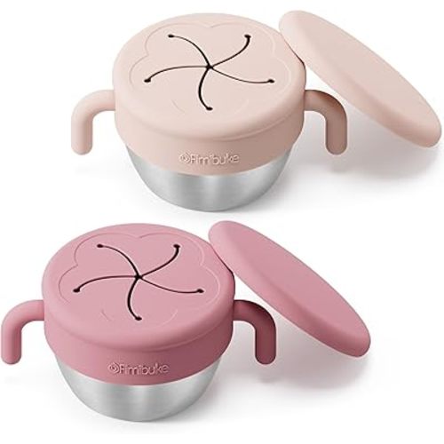 Fimibuke Snack Containers for Toddlers Kids, 12 OZ Spill Proof Stainless Steel Baby Snack Cups with Removable Silicone Food Catcher, Handles & Travel Lid BPA-Free Dishwasher Safe Food Container 2 Pack