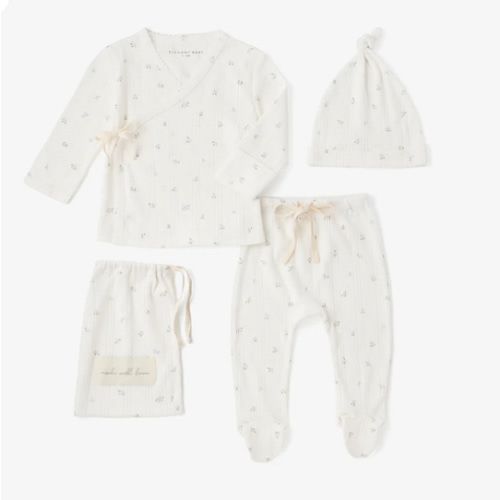 White Floral Organic Cotton Pointelle Layette 2 Pc Gift Set