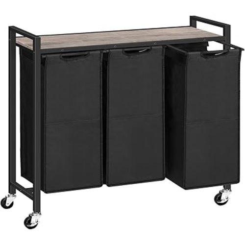 HOOBRO Laundry Sorter 3 Section, Laundry Hamper with Wheels, 3 × 11.5 Gal (43.4L), Rolling Laundry Basket, Pull-Out and Removable Oxford Fabric Bags, Greige and Black BG76XY01