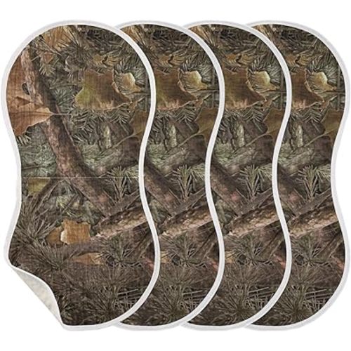 Muslin Burp Cloths for Baby Boys and Girls - 4-Pack Ultra Absorbent Forest Camo Muslin Washcloths, Newborn Towel, Milk Spit Up Rags, Burp Cloth Bib for Unisex, 22 x 11 Inch