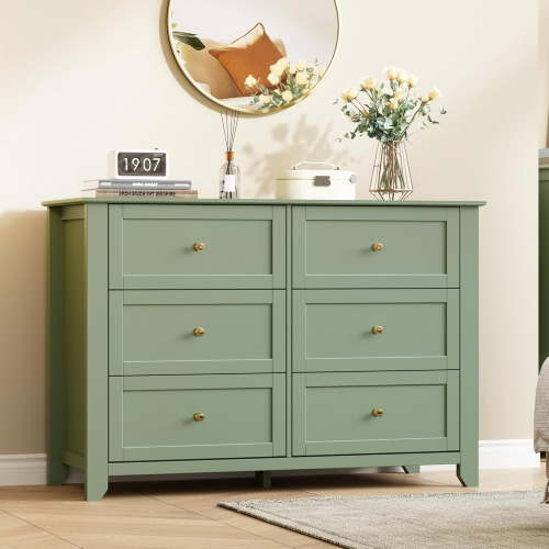 Large Dresser with Deep Drawers & Metal Knobs, Modern Wooden Chests of Drawers for Entryway, Hallway, Sage Green 6 Drawer Chest of Drawers for Bedroom