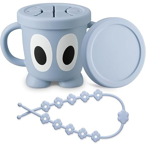 Silicone Snack Cup Food Container for Toddlers and Babies, Spill Proof Training Cup with Snack Cup Lid & Dust Proof Lid, Comes with a toy strap, Without BPA, Lead, or Phthalates (Ether)