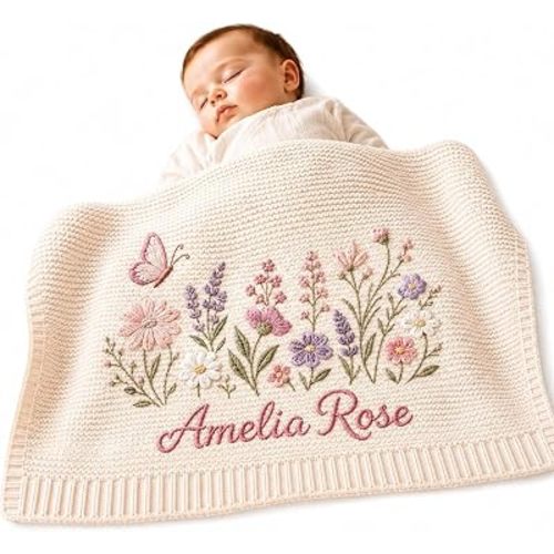 Personalized Knit Baby Blanket, Custom Name Embroidered Wildflower Blanket, Butterfly Baby Girl Keepsake, Newborn Gift